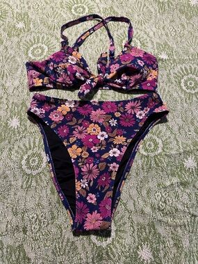 Cupshe Navy Floral Tie-Front Bikini with Pink & Yellow Blooms